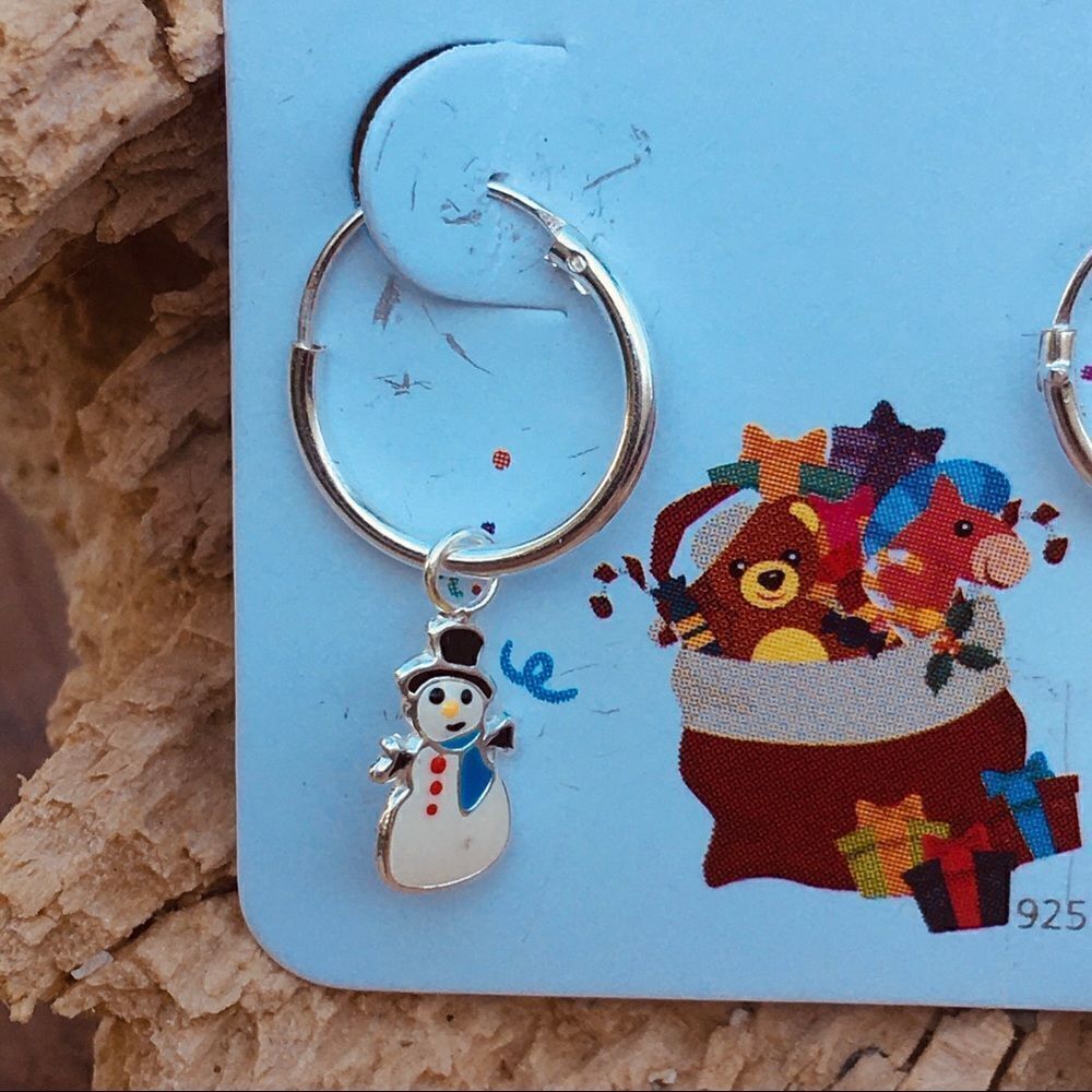 Children's Silver Hoops w/ Hanging epoxy Snowman - Picture 3 of 3